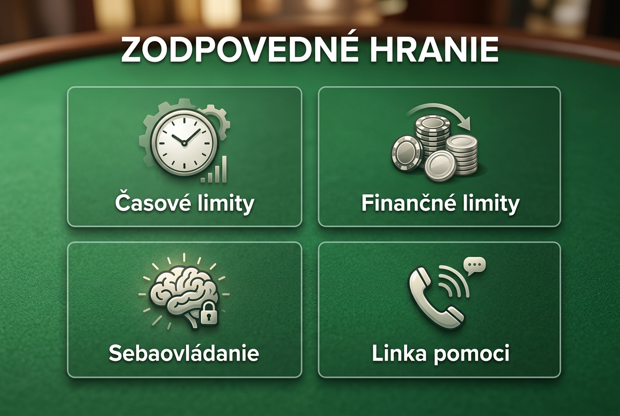 Infografika zobrazujúca štyri kľúčové pravidlá zodpovedného hrania v slovenskom jazyku.
